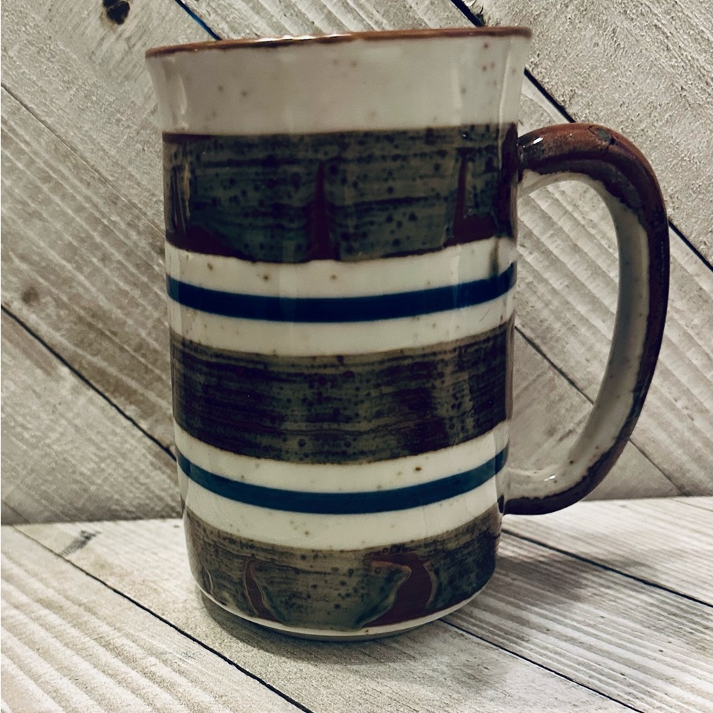 Vintage Studio Pottery Striped Stoneware Coffee Mug Brown Blue‎ Speckled Glaze